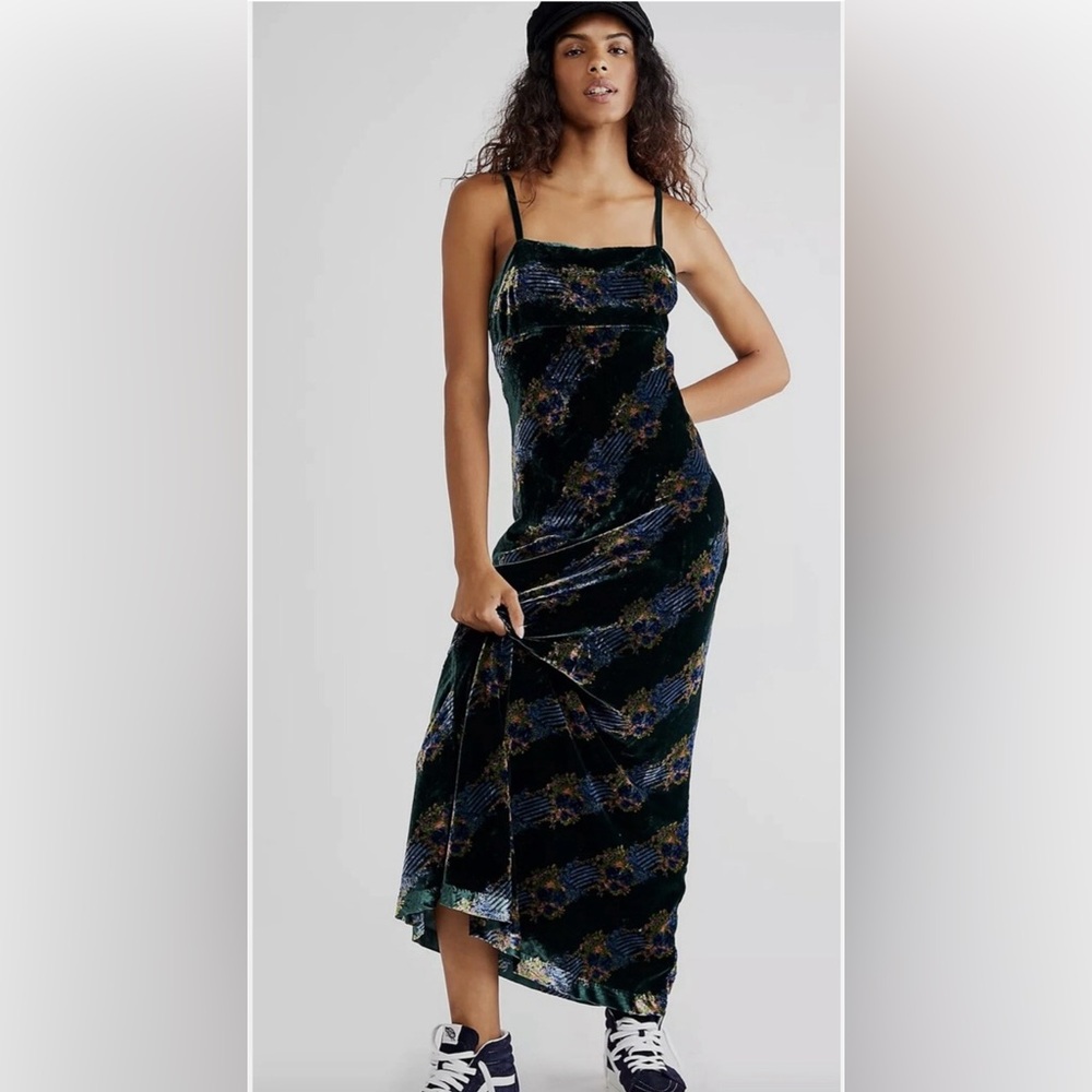 Free People‎ Floral Velvet Maxi Slip Dress Green Black Size XS